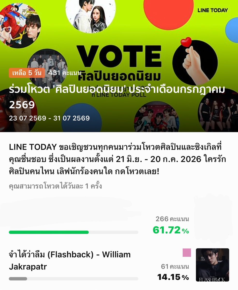 ForWilliamjkp's tweet photo. #VoteforWilliam 📣
🗳 ขอเชิญทุกคนร่วมโหวตวิลเลี่ยมและน้อง Flashback ที่ LINE TODAY POLL กับรางวัล "ศิลปินยอดนิยม" ประจำเดือนกรกฎาคม 2569

#FlashbackWilliamjkp 
🔗 Link : https://t.co/dHxg1i6X2N
✅ โหวตได้ Account ละ 1 ครั้ง / วัน
🗓️ หมดเขต 31 ก.ค. 2569

อย่าลืมแวะไปโหวตให้วิลเลี่ยมกันเยอะ ๆ นะคะ 🥹💙✨
—

#VoteforWilliam 📣
🗳️ We would like to invite everyone to vote for William and Flashback song in the LINE TODAY POLL for the "Most Popular Artist Award" of July 2026.

#FlashbackWilliamjkp
🔗 Link: https://t.co/dHxg1i6X2N
✅ 1 vote / account / day
🗓️ Voting ends on 31 July 2026

Thank you for your support, and please don’t forget to cast your vote for William! 🥹💙✨
