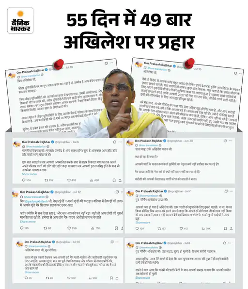 askrajeshsahu's tweet photo. पिछले दो महीने से सुभासपा प्रमुख व योगी सरकार में मंत्री ओम प्रकाश राजभर सपा प्रमुख अखिलेश यादव पर हमलावर हैं। सवाल है कि इससे उन्हें फायदा होगा या नुकसान!

2022 का विधानसभा चुनाव ओपी राजभर ने सपा के गठबंधन में लड़ा था। 16 सीटों ��र कैंडिडेट उतारे, 6 पर जीत हासिल की थी। चूंकि यूपी में सरकार भाजपा की बनी, तो उन्होंने पाला बदला और सत्ता पक्ष की तरफ आ गए। अब 2027 के चुनाव से पहले राजभर 63 सीटों पर चुनाव लड़ने का दम दिखा रहे हैं। भाजपा इतनी सीटें देने को राजी नहीं होगी।

राजनीतिक विश्लेषक रतनमणि लाल का कहना है- ओमप्रकाश राजभर का इतिहास गठबंधन को जल्दी झटका देने का रहा है। अगर उनके पास सपा का विकल्प खुला रहता, तो वह 2027 में टिकट बंटवारे के दौरान भाजपा को गठबंधन तोड़ने की धमकी दे सकते थे। लेकिन, अब उनके पास भाजपा की शर्तों पर चुनाव लड़ने के अलावा कोई मजबूत विकल्प नहीं बचा है। भाजपा ने अखिलेश पर व्यक्तिगत हमले करवाकर राजभर के सपा में जाने के रास्ते तकरीबन बंद करवा दिए हैं।

खबरः https://t.co/CXe5QhyNyj