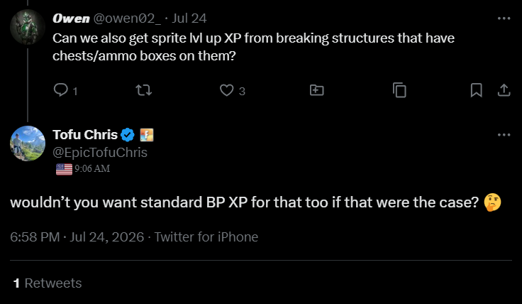 FireMonkey's tweet photo. It appears Epic Games is debating making it so that in the future you get XP &amp; Sprite XP from breaking structures that have chests/ammo boxes on them.

This would make it so that even if you don't directly search a chest, you could still get the XP for opening it. https://t.co/1b2D9Hb2sZ
