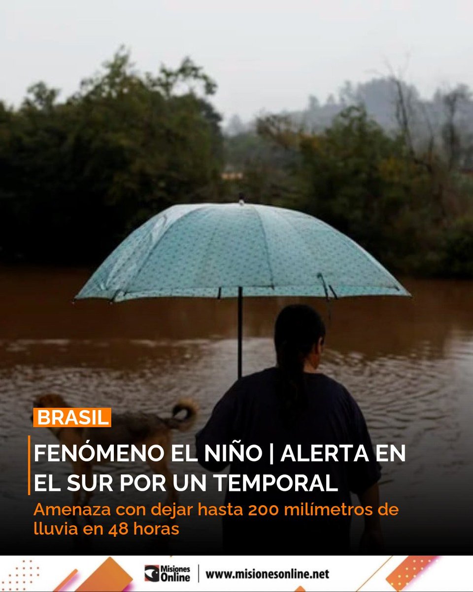 misionesonline's tweet photo. Brasil 🌧️: Rio Grande do Sul en alerta por temporal. Defensa Civil advierte hasta 200 mm de lluvia en 48h, granizo y vientos de 90 km/h. Riesgo de inundaciones.
https://t.co/Z83YRK6YPt
#Brasil #ElNino #AlertaClima #Temporal https://t.co/eb4kOhaS0X