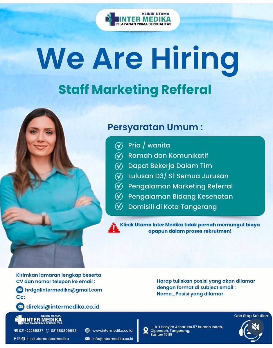 Yangmivelin's tweet photo. 📩 Kirim CV, STR, dan portofolio ke:
hrdgalintermedika@gmail.com
Cc : direksi@intermedika.co.id

⚠️ Harap tuliskan subjek email:
Nama_Posisi yang dilamar

Bergabunglah bersama Klinik Utama Inter Medika dan jadilah bagian dari pelayanan kesehatan terbaik untuk masyarakat 💙 https://t.co/daHUsQ7b7c