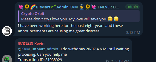 GOATGameDev's tweet photo. This is crazy af man!!!

The entire @BitMartExchange team quit!

There is only one lonely admin left in the telegram group, and even him was not paid his salary, he is just trying to help users however he can.

Support is non existing, the hot wallets have no real value tokens. https://t.co/iqyT66v3cO