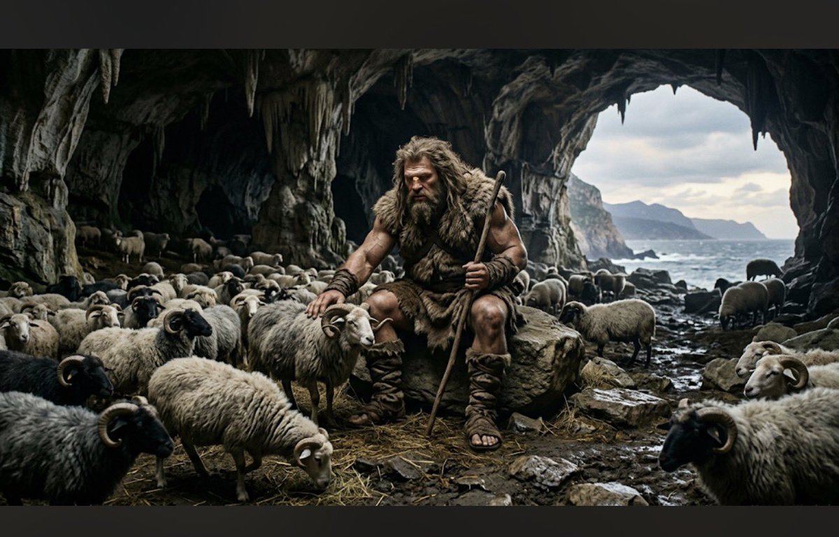 TouchlineRc's tweet photo. Polyphemus was not eating Odysseus men instead of his sheep because he disliked the sheep, it reflected his nature as a savage being in The Odyssey. As a shepherd, his sheep were his wealth, livelihood, and source of survival, so killing them unnecessarily made little sense. The men, however, were strangers who entered his cave, and Polyphemus saw them as trespassers who had no protection under the Greek laws of hospitality (xenia).

The deeper meaning is that Polyphemus represents the opposite of Greek civilization. By eating humans instead of respecting guests, he breaks one of the most sacred rules of the ancient world. Ironically, the sheep he valued so much became the reason Odysseus escaped after blinding the Cyclops, Odysseus and his men hid beneath the sheep as they left the cave, turning Polyphemus’ greatest possession into the tool of his defeat.