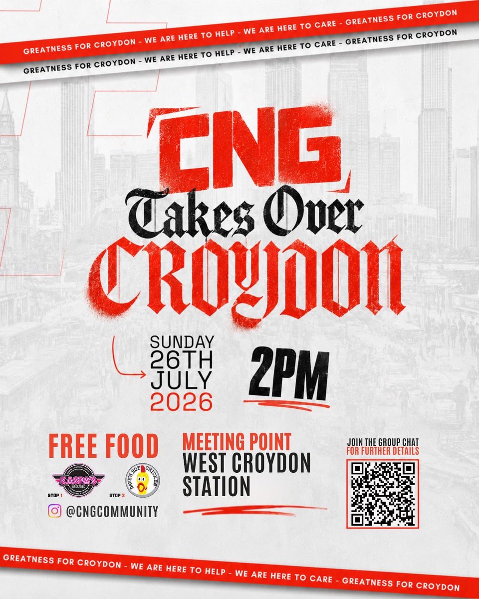 CNGcommunity_'s tweet photo. We’re back. Formerly Connect City - now CNG.

14 years building confidence, culture and leadership in young Londoners. Rooted in Croydon.

TODAY - West Croydon Station, 2pm.
Free food. Two stops. Kaspa’s, then Dave’s Hot Chicken.

Greatness for Croydon. We are here to help 📍 https://t.co/AnhntZyx3i