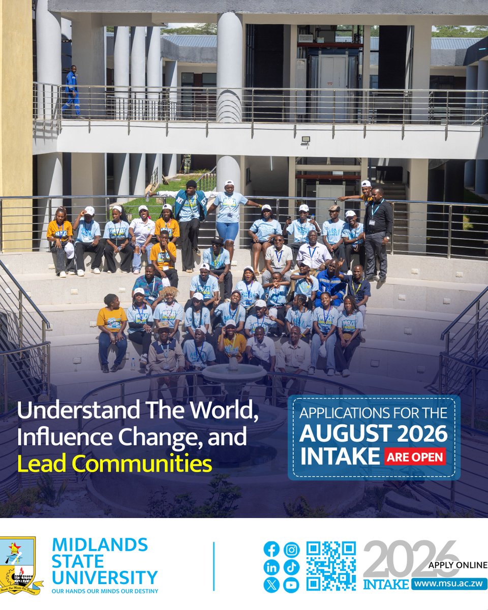 MidlandsState's tweet photo. Applications for the August 2026 intake are open at Midlands State University. If you are ready to take the next step in your academic and professional journey, this is the ideal moment to begin.

Apply online or physically at any of our campuses