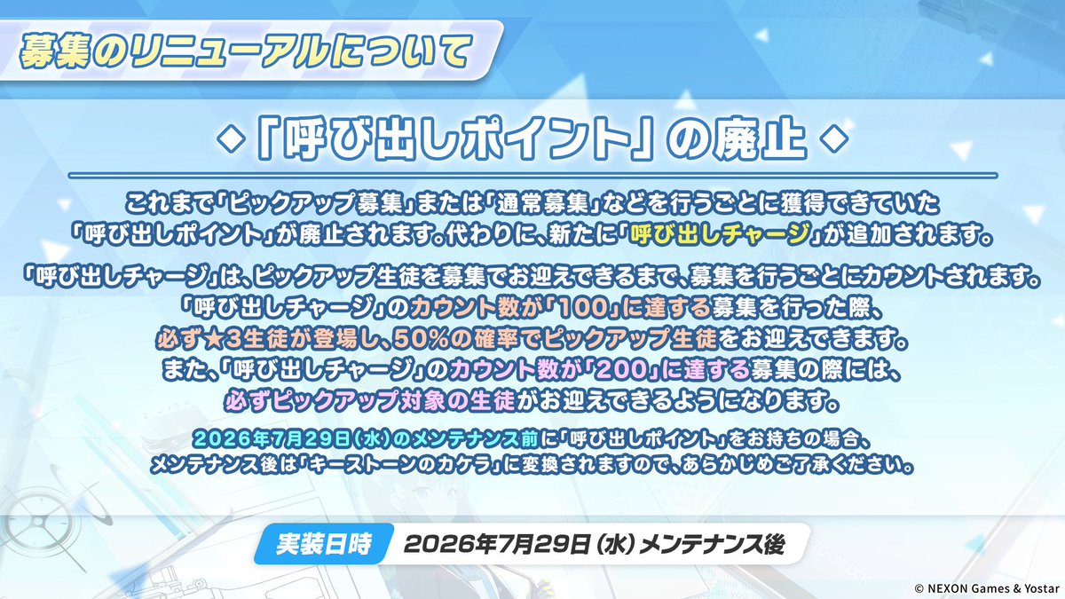 Blue_ArchiveJP's tweet photo. 【新情報⑰】
7月29日(水)メンテナンス後より、生徒募集の仕様がリニューアルされます！

「呼び出しポイント」の廃止に伴い、新たに「呼び出しチャージ」や「募集回数特典」が実装されます。

※詳細はこちらの画像にてご確認ください

#ブルアカ
#ブルアカらいぶほっとの三段活用SP https://t.co/w5LqsGYt9D