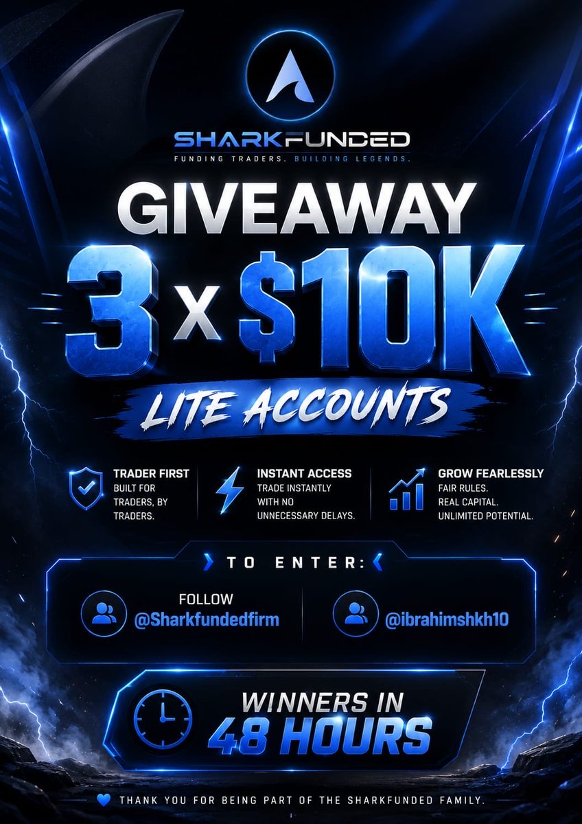 Deepshika_SF's tweet photo. 🚨 GIVEAWAY ALERT 🚨

We’re giving away 3 × $10K Sharkfunded Lite Accounts 🎁

Here’s how to enter:

✅ Follow @SharkFundedfirm , @Deepshika_SF & @ibrahimshkh10 

💬 Tell us: What’s your favourite feature of Sharkfunded and why?

🏆 3 winners will be selected in 48 hours.

Good luck! 🍀