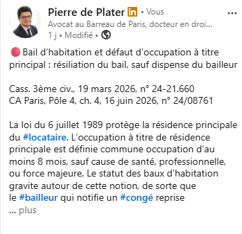 pdeplater's tweet photo. 🔴Bail d’habitation et défaut d’occupation à titre principal : résiliation du bail, sauf dispense du bailleur. Commentaire à consulter sur le lien ci-après: https://t.co/85yW51OGfv
#avocat #notaire #commissairedejustice #expulsion #congé #logement #bailleur #locataire https://t.co/MnorvSoRWR