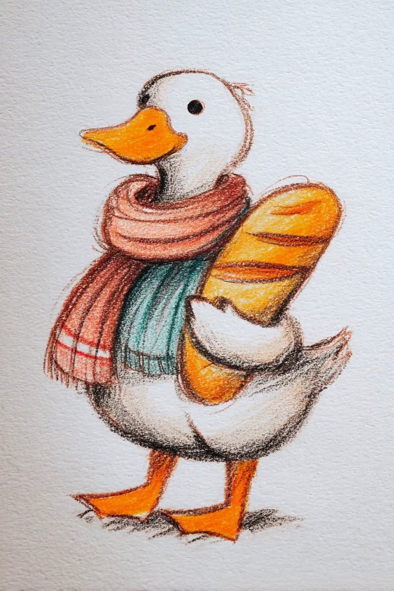 Sara_25e's tweet photo. My 12-year-old daughter drew this adorable duck carrying a loaf of bread. 🥖🦆
She said it reminds her of cozy mornings. I’d love to hear your thoughts! ❤️ https://t.co/FpTFJq1tnC
