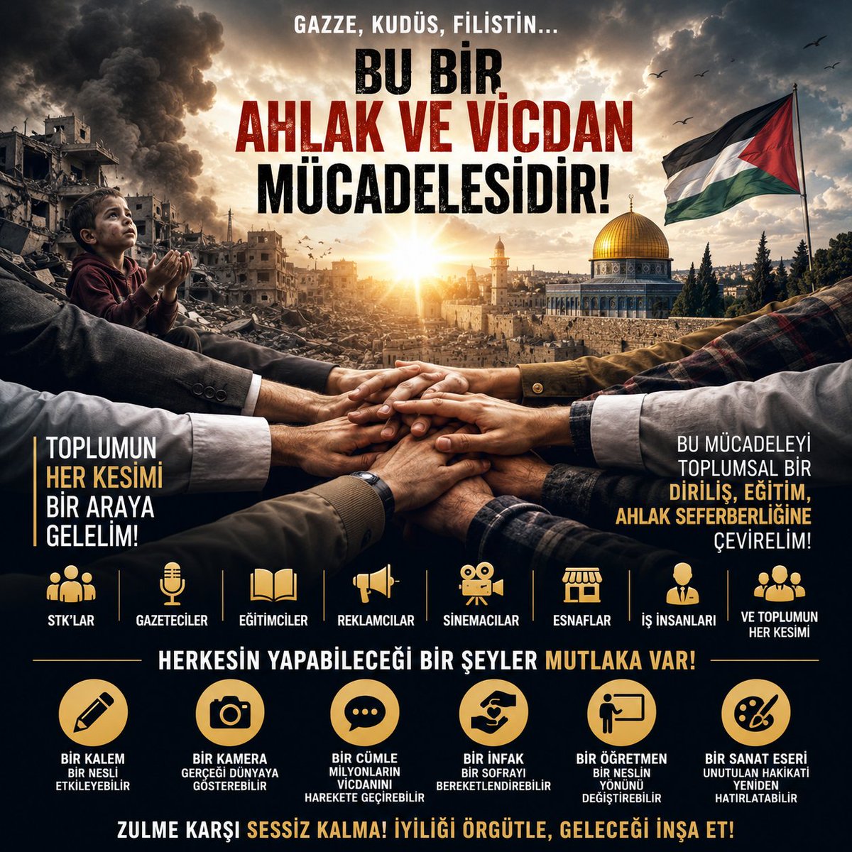 Ferdi_Karabasan's tweet photo. Gazze İnsanlığın Ahlâk İmtihanıdır

Artık susmanın mazereti kalmadı.

Gazze'de yaşananlar yalnızca bir savaşın, bir kuşatmanın ya da bir insani krizin adı değildir. Bu tablo; vicdanın, adaletin, merhametin ve insanlığın topyekûn sınandığı tarihî bir imtihandır. Bu yüzden mesele sadece Gazze değildir. Mesele, insanın insan olarak kalıp kalamayacağıdır.

Bugün artık seyirci olma lüksümüz yok.

Gelin...

Sivil toplum kuruluşları, gazeteciler, akademisyenler, öğretmenler, sanatçılar, reklamcılar, sinemacılar, yazarlar, esnaflar, iş insanları, hukukçular, doktorlar, mühendisler, gençler ve toplumun bütün kesimleri...

Hep birlikte ortak bir vicdan hareketi inşa edelim.

Çünkü bu mücadele yalnızca Filistin'in değil; ahlâkın, erdemin, marifetin, adaletin ve maneviyatın mücadelesidir. Bu mücadeleyi sadece sosyal medyada birkaç paylaşım yapan dar bir çevrenin omuzlarında bırakmak, tarih önünde de vicdan önünde de büyük bir eksiklik olacaktır.

Artık bireysel tepkileri aşan bir toplumsal diriliş seferberliğine ihtiyaç vardır.

Okullar konuşmalı.
Üniversiteler üretmeli.
Basın hakikatin sesi olmalı.
Sanat vicdanı uyandırmalı.
Sinemacılar hafızayı diri tutmalı.
Reklamcılar iyiliğin dilini kurmalı.
Esnaf bereketini paylaşmalı.
İş insanları imkânlarını insanlığın hizmetine sunmalı.
STK'lar ortak projelerde buluşmalı.

Her meslek, her kurum ve her fert, kendi imkânı ölçüsünde bu büyük iyilik hareketinin bir parçası olmalıdır.

Çünkü hiçbir katkı küçük değildir.
Bir kalem bir nesli etkileyebilir.
Bir kamera gerçeği dünyaya gösterebilir.
Bir cümle milyonların vicdanını harekete geçirebilir.
Bir infak bir sofrayı bereketlendirebilir.
Bir öğretmen bir neslin yönünü değiştirebilir.
Bir sanat eseri unutulan hakikati yeniden hatırlatabilir.

Asıl tehlike, elimizden hiçbir şey gelmemesi değildir. Asıl tehlike, elimizden geleni yapmamamızdır.

Tarih, zulmü işleyenleri olduğu kadar, zulüm karşısında sessiz kalanları da yazacaktır.

Öyleyse gelin; Gazze ve Kudüs merkezli bu vicdan çağrısını, yalnızca bir dayanışma faaliyeti olmaktan çıkaralım. Onu; ahlâkı yeniden inşa eden, merhameti çoğaltan, adaleti savunan, gençliği bilinçlendiren ve ümide yön veren büyük bir eğitim ve medeniyet seferberliğine dönüştürelim.

Çünkü insanlığı yeniden ayağa kaldıracak olan şey, sadece öfke değil; örgütlü iyilik, bilinçli gayret ve sarsılmaz bir ahlâk duruşudur.

Bugün atacağımız küçük bir adım, yarının büyük dirilişinin başlangıcı olabilir.