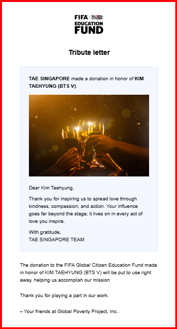 Tae_Singapore's tweet photo. The donation to the FIFA Global Citizen Education Fund made in honor of KIM TAEHYUNG (BTS V) will be put to use right away, helping us accomplish our mission   Thank you for playing a part in our work.   – 

Your friends at Global Poverty Project, Inc.. https://t.co/RomMYaaPjC