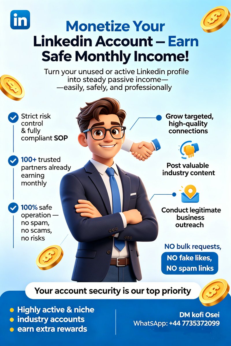 Limex001's tweet photo. Easily monetize your idle LinkedIn account! 💸
Earn $40–$80 per month in rental income—zero effort required. 😌
Requirements: Account registered for at least one year and actively used.
📱 WhatsApp: +33608324465
✈️ Telegram: @OseiKofi5
🌐 https://t.co/nJxwbVmutO 👈🏼 https://t.co/oMmRZ3foGV