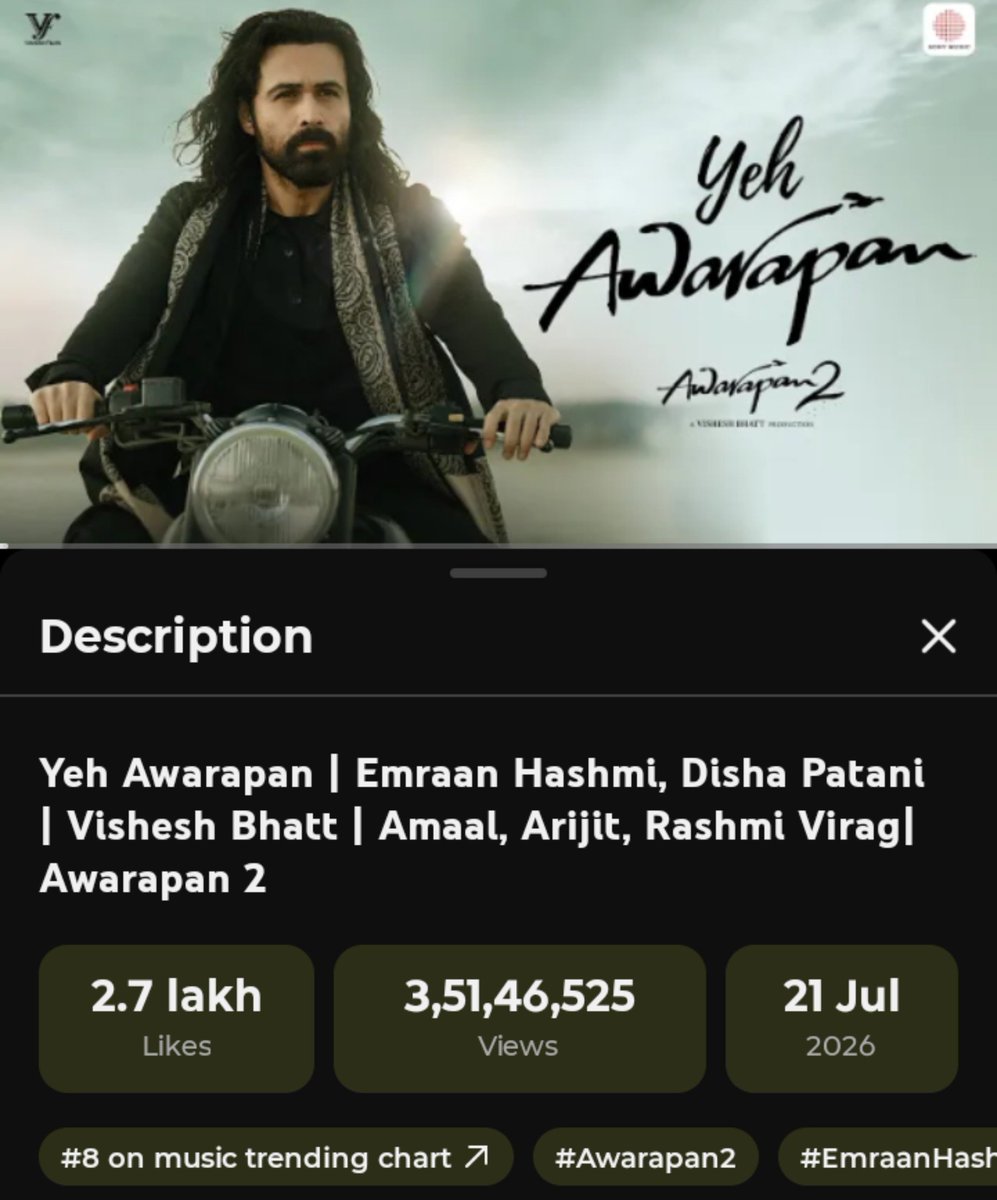 proud_amaalian's tweet photo. #YehAwarapan crosses 35 million+ views of Yt  #EmraanHashmi

#AmaalMallik #ArijitSingh #RashmiVirag  #Awarapan2 https://t.co/54xd30BNSe