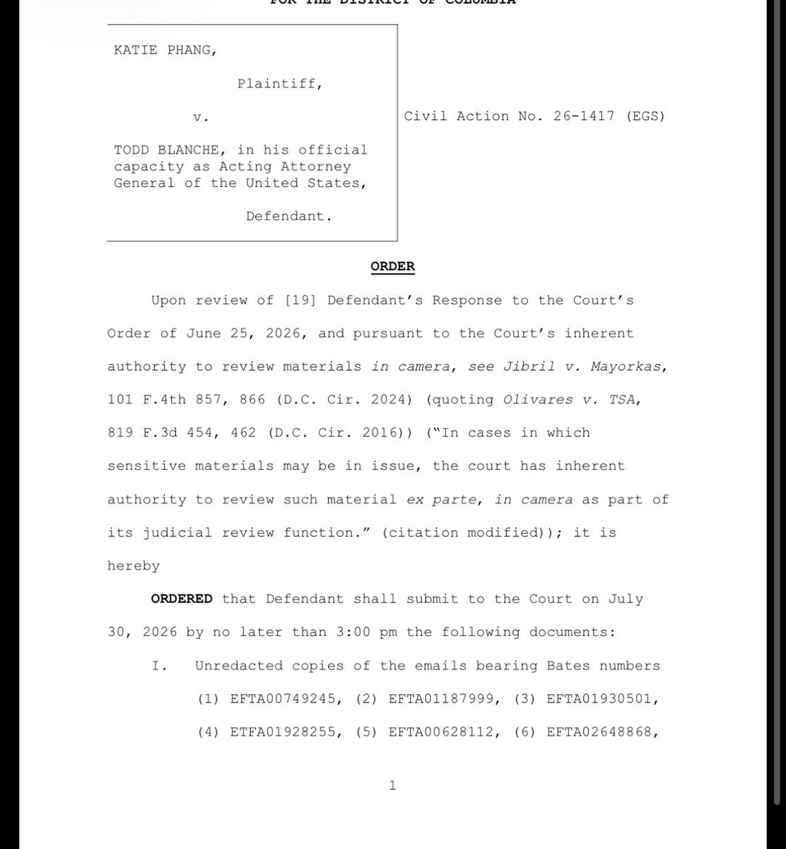 MacFarlaneNews's tweet photo. NEW:  Judge Emmet Sullivan orders Justice Dept to produce more of the redacted Epstein files for court review by Thursday

Big win in this stage of the records lawsuit filed by @KatiePhang https://t.co/OyivKIF5XM