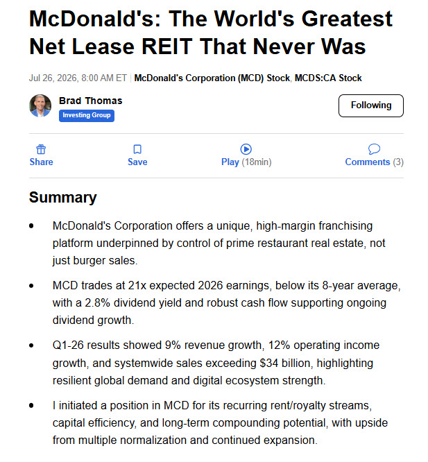 bradthomas's tweet photo. I finally pulled the trigger on $MCD. 

Most investors see burgers and fries. I see a high-margin franchising platform collecting rent and royalties across 45,000+ locations.

The restaurants sell hamburgers and $MCD owns the tollbooths.

Check out my latest article on @SeekingAlpha
