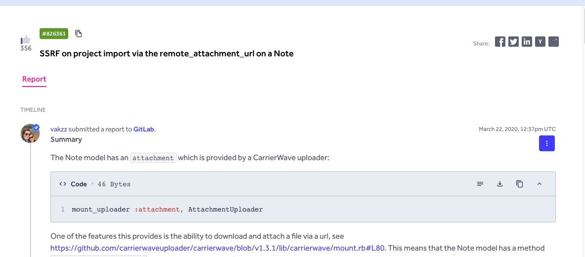 bbr_bug's tweet photo. Rails SSRF: CarrierWave's remote_attachment_url= downloads from arbitrary URLs.

Check any Rails app with uploads or import/export — it may not get stripped.

Also test remote_attachment_request_header= for header injection (e.g. Metadata-Flavor: Google).

Source: GitLab #826361 https://t.co/HJBHvgovt9