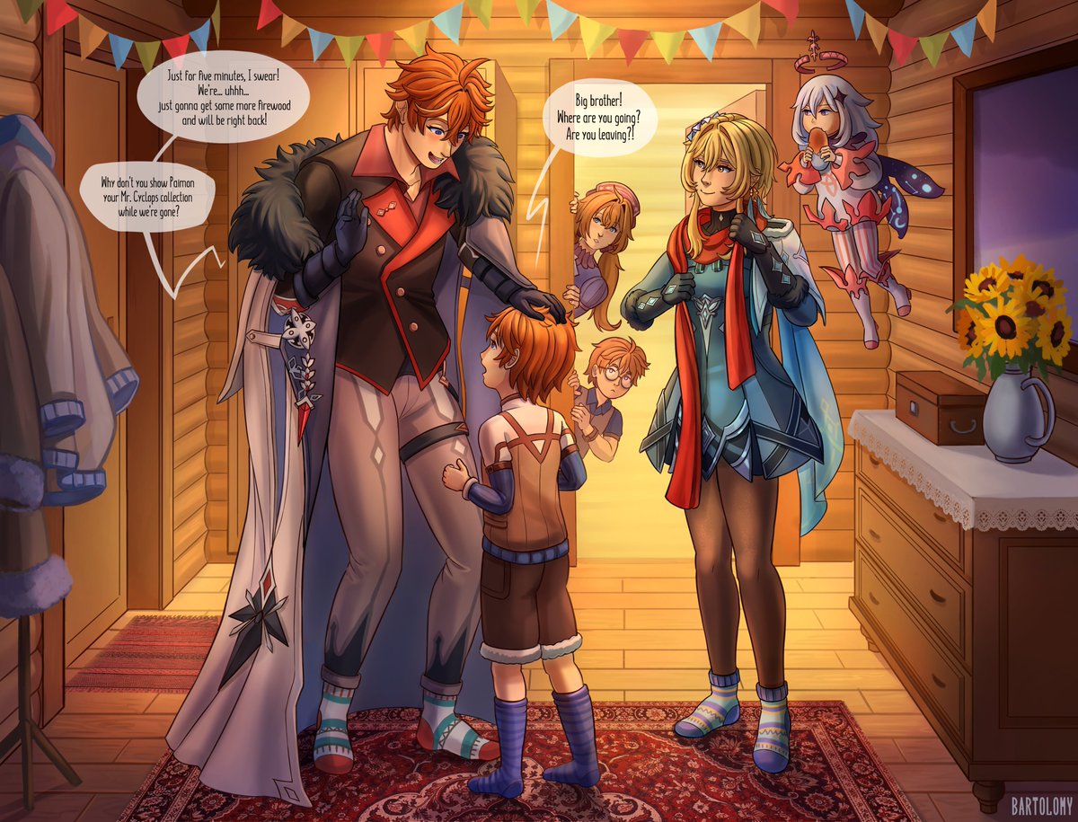bartolomaei's tweet photo. The 11th Fatui Harbinger always tries to spend his bday with his family, but when the Traveler herself comes to visit, how can he resist stealing at least five minutes alone with her...

Happy late bday, Childe Ajax Tartaglia!🥳
#chilumi #tartaglia https://t.co/y4eUno3Yn3