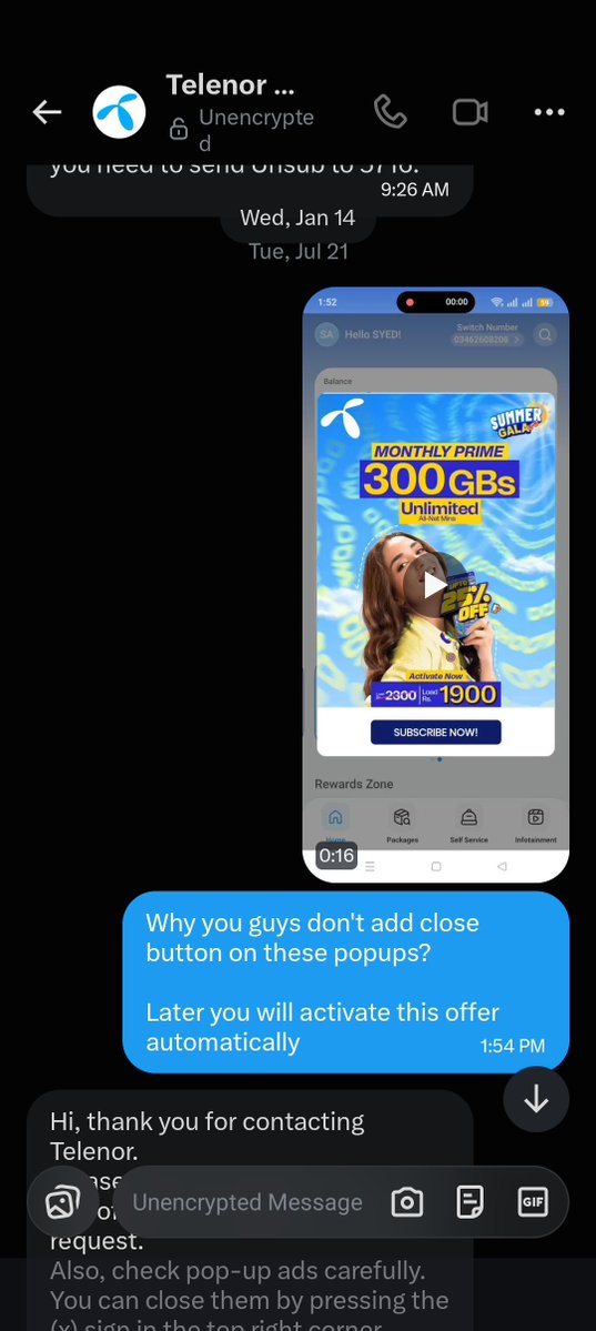 imsmohsin's tweet photo. @PTAofficialpk i want lodge complain against @telenorpakistan they forcefully deduct balance everytime

In their app random popups open &amp; there's no close button and if click unintentionally they automatically activates the offer and balance starts deducting. I reported them also https://t.co/uz3Y2AbLyV