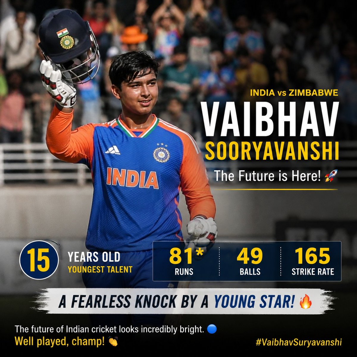 akshat_007_'s tweet photo. Just 15 years old, and he smashed 81 runs off only 49 balls at an incredible strike rate of 165 against Zimbabwe

The future of Indian cricket looks incredibly bright. What a fearless and mature innings from such a young talent! 👏
#VaibhavSuryavanshi #india  #INDvsZIM #Cricket https://t.co/pXD7Gazqsh