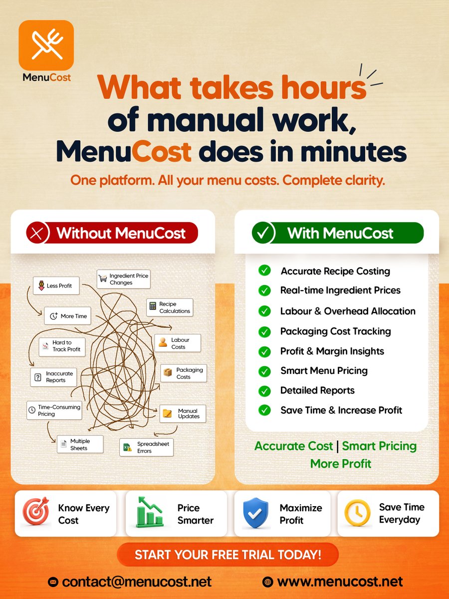 MenuCost_net's tweet photo. Manual costing slows your business and leads to costly mistakes.
MenuCost automates every cost, helping you price smarter and profit more.

#MenuCost #SaudiCafe #CoffeeShopSaudi #CafeManagement #RestaurantProfitability #FoodCosting #CafeOwner #CoffeeBusiness #SaudiBusiness https://t.co/sdZZF4vz4D