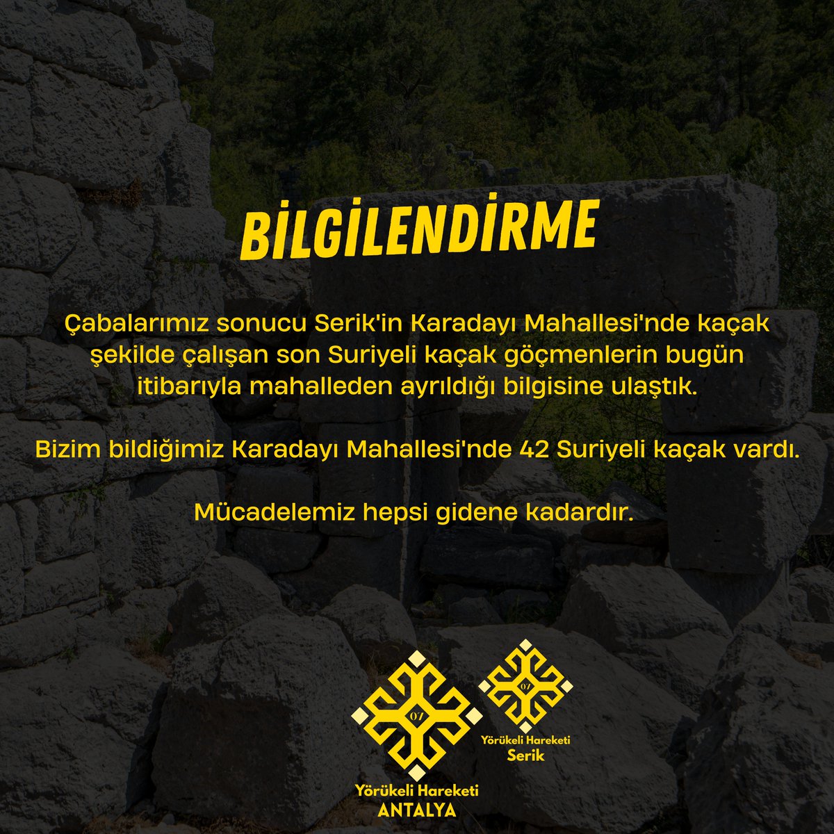 07Yorukeli's tweet photo. Çabalarımız sonucu Serik'in Karadayı Mahallesi'nde kaçak şekilde çalışan son Suriyeli kaçak göçmenlerin bugün itibarıyla mahalleden ayrıldığı bilgisine ulaştık.

Bizim bildiğimiz bölgede 42 Suriyeli kaçak vardı.

Mücadelemiz hepsi gidene kadardır. 
@yorukelihareket https://t.co/DqdsAkJdLo