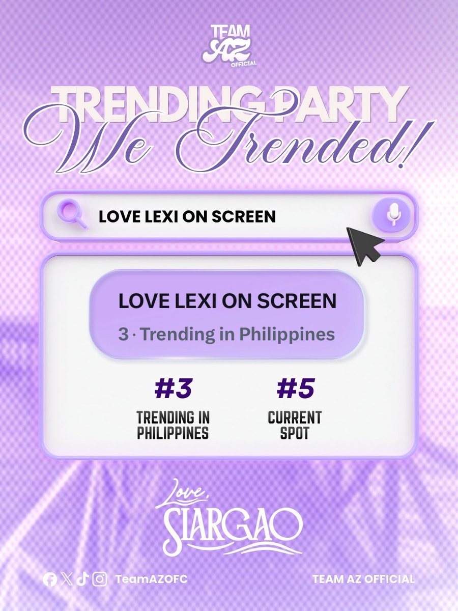 TeamAZTREND's tweet photo. 𝗪𝗘 𝗧𝗥𝗘𝗡𝗗𝗘𝗗!✨

We did it Azpires! Our tag reached number three as our highest spot. Thank you for tweeting with us. Let’s continue to support AZ and Love, Siargao!  💜

LOVE LEXI ON SCREEN
#AzMartinez | @_AZMartinez https://t.co/sCGQLuwY6I