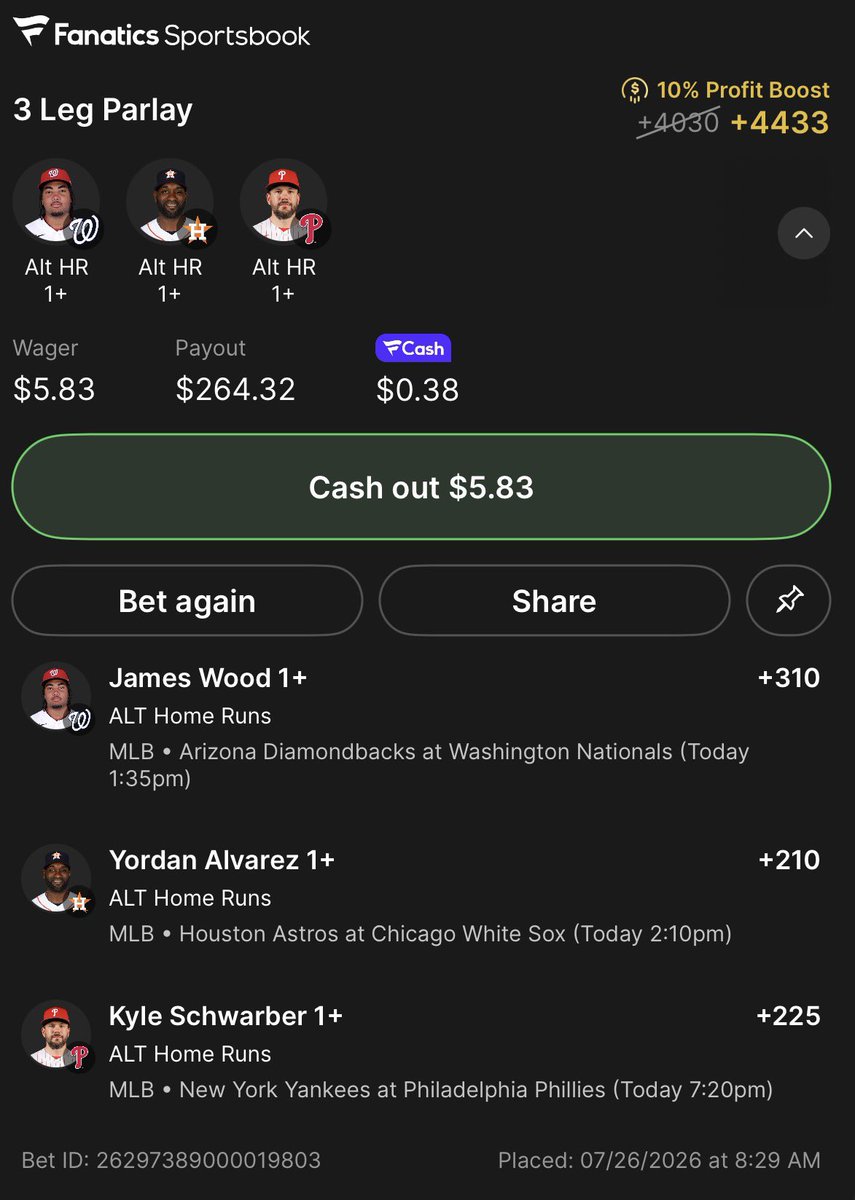 PropYardApp's tweet photo. 🌅 RISE AND SHINE SMASHERS 🌅

James Wood 1+ HR
Yordan Alvarez 1+ HR
Kyle Schwarber 1+ HR

+4433 (boosted) 💣

@Playbook 
#MLB #Gambling𝕏 #HomeRunProps https://t.co/cZfdL8tYmE
