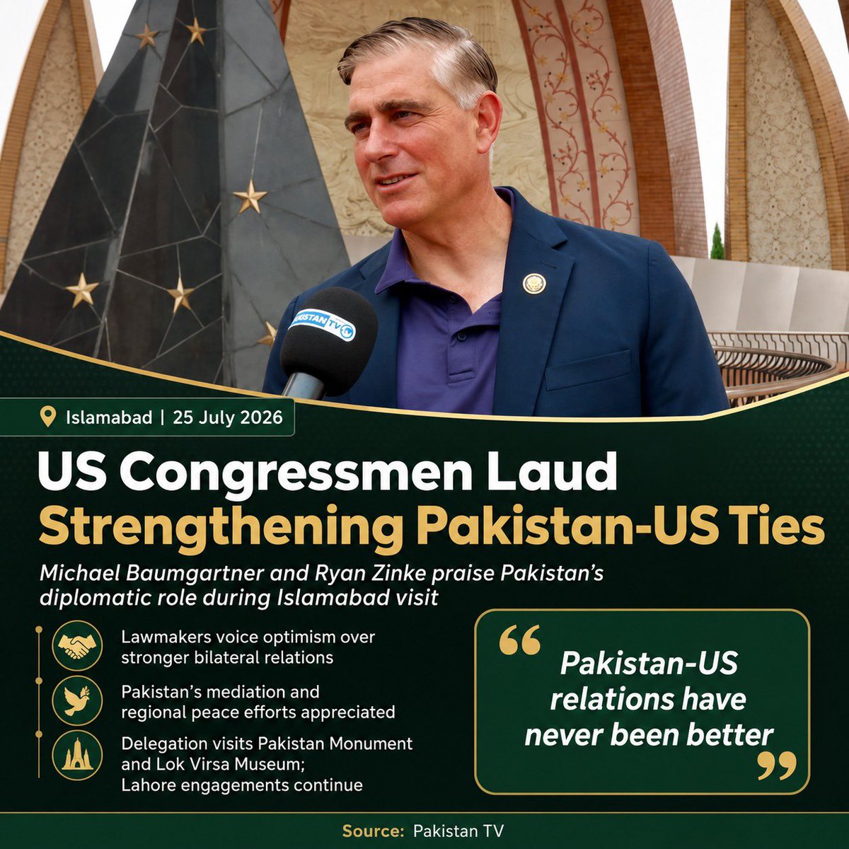 HUSSAIN_THEBO's tweet photo. US Congressmen Michael Baumgartner and Ryan Zinke have praised the growing momentum in Pakistan–US relations, highlighting Islamabad’s diplomatic role in regional peace and expanding economic and people-to-people ties.

Read more: https://t.co/pgZ6J4iTEa

#PakistanUSTies #Diplomacy