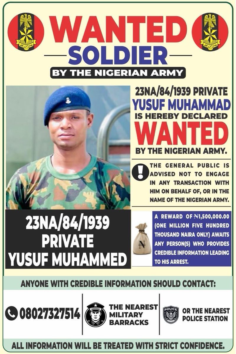 ZagazOlaMakama's tweet photo. Troops arrest wanted soldier accused of supplying military accoutrements to terrorists

By Zagazola Makama

Troops of Operation HADIN KAI have arrested a soldier declared wanted by the Nigerian Army over his alleged involvement in supplying military accoutrements to terrorist groups operating in the North-East.

Military sources told Zagazola Makama that the suspect, identified as 23NA/84/1939 Private Mohammed Yusuf of the Nigerian Army Ordnance Training Facility (NAOTF), Lagos, was apprehended at about 6:30 p.m. on July 25 by troops of 7 Provost Group led by the Acting Commander.

According to the sources, preliminary investigations revealed that before he was declared wanted by the Army, the soldier absconded from his unit and travelled to Maiduguri on July 7, where he allegedly went into hiding.

Investigators further established that he was allegedly sheltered at Gomari Costain in Jere Local Government Area of Borno State by 25NA/89/12687 Private Baba Kamal Sale of the Corps of Intelligence, Dikwa.

Acting on credible intelligence, troops of the 7 Provost Group placed the suspect under 24-hour surveillance before intercepting and arresting him at Jidari Bus Stop while he was allegedly attempting to flee to Cameroon.

The suspect is currently in the custody of the 7 Provost Group, where he is undergoing further investigation into the alleged supply of military accoutrements to terrorist elements and the possible involvement of other collaborators.

Military sources described the arrest as a significant breakthrough in ongoing efforts to dismantle insider networks aiding terrorist groups, adding that investigations are continuing to establish the full extent of the suspect’s activities and identify any accomplices.