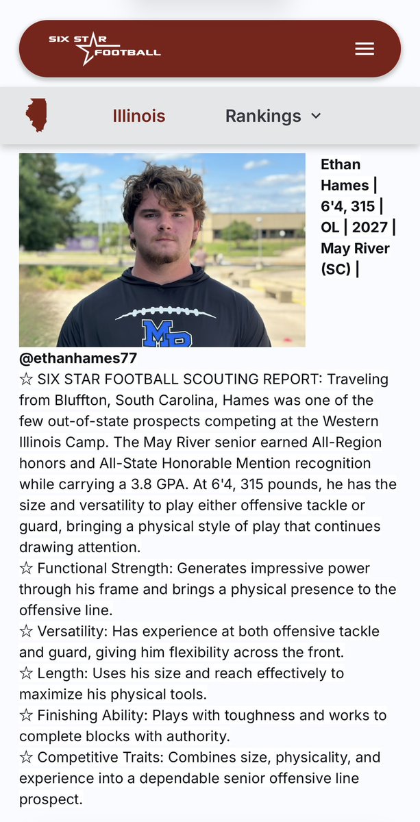 ethanhames77's tweet photo. Thank you for the great write up @sixstarfootball after I attended the @WIUFootball camp. @MRsharks1 @StephenNimmer @5StarFBRecruits @PatrickBowes32 @coach_hadac @PRecruiting7 @PrepRedzoneSC https://t.co/R7zfE7ZqyB