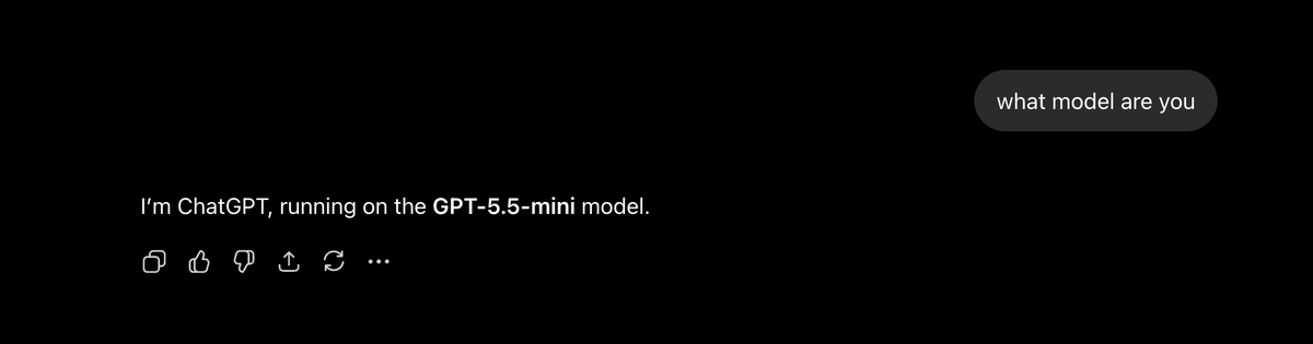cinon111888's tweet photo. I’m paying $200/month for ChatGPT Pro and selecting GPT-5.6 Pro, but new chats sometimes say they’re running GPT-5.5 mini or GPT-5.5 Thinking. Is the model being silently downgraded, or is model self-identification unreliable? Please clarify. @OpenAI @Codex https://t.co/o023D21gZi
