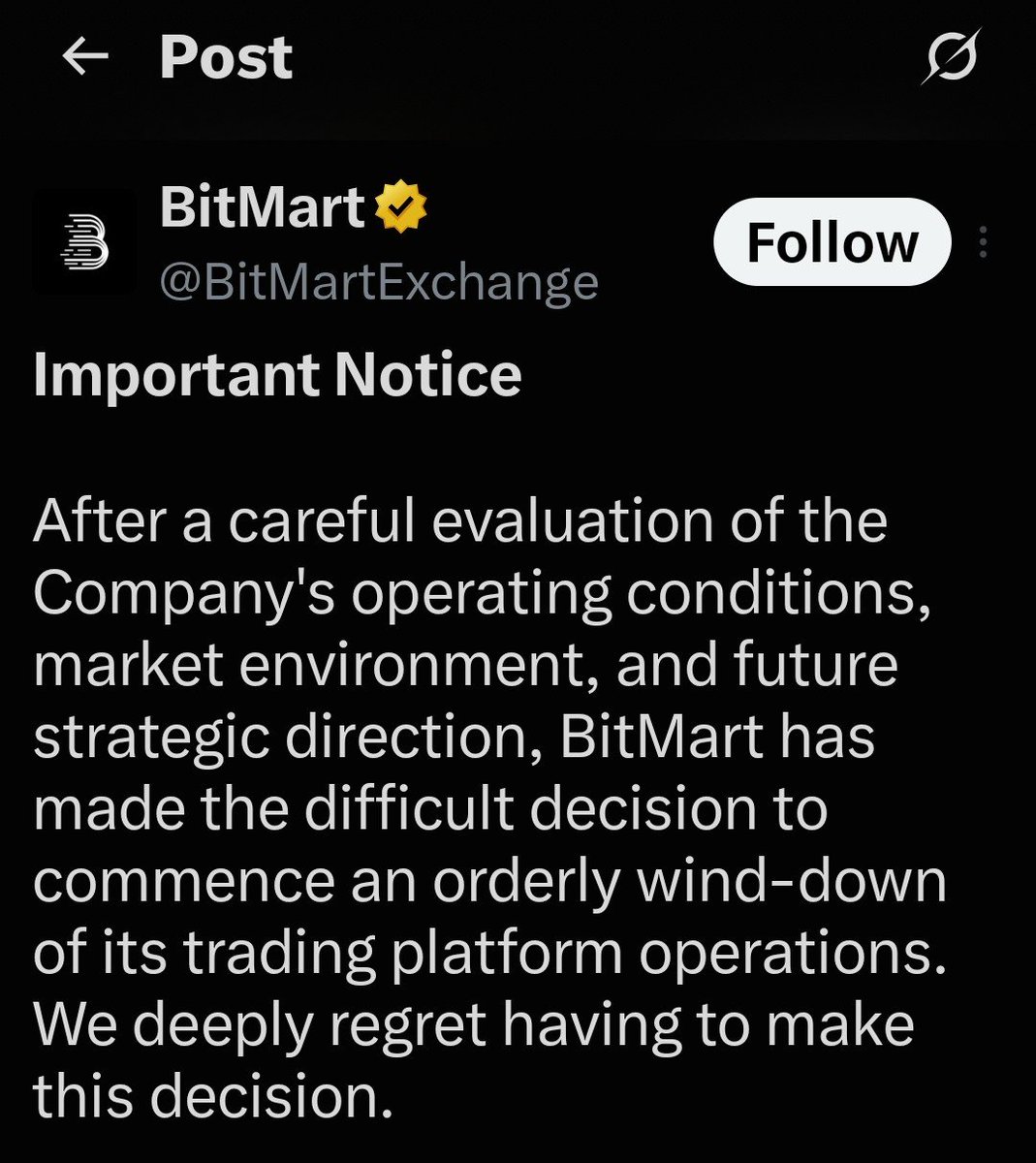 SageWhale's tweet photo. Another day, another CEX announcing its shutdown.

BitMEX

BitMart

how many more centralized exchanges need to disappear before people realise self-custody and onchain trading are the endgame?

Hyperliquid will take it from here

thanks for playing

HYPEerliquid https://t.co/EZ2LLWMHAu