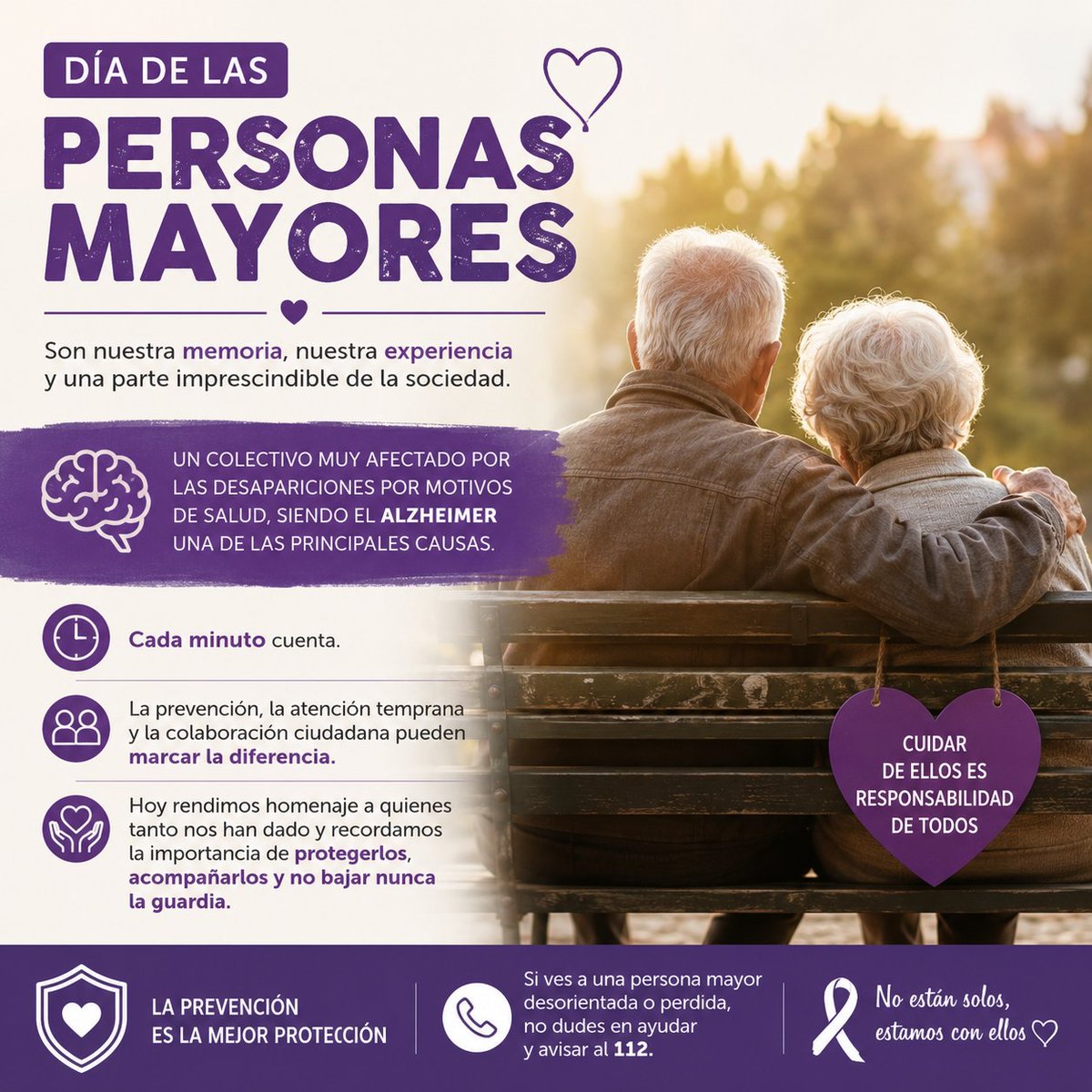 sosdesaparecido's tweet photo. Las personas mayores son nuestra memoria, nuestra experiencia y una parte imprescindible de la sociedad.

En el Día de las Personas Mayores, queremos poner el foco en una realidad que muchas veces pasa desapercibida: las desapariciones por motivos de salud y  Enfermedades como el Alzheimer y otras demencias pueden provocar desorientación y hacer que una persona se aleje de su entorno sin ser consciente del peligro.

Cada minuto cuenta. La prevención, la atención temprana y la colaboración ciudadana pueden marcar la diferencia entre un final feliz y una tragedia.

Hoy rendimos homenaje a quienes tanto nos han dado y recordamos la importancia de protegerlos, acompañarlos y no bajar nunca la guardia.

💜 Cuidar de las personas mayores es responsabilidad de todos.

#DíaDeLasPersonasMayores #Alzheimer #PersonasMayores #Desapariciones #Prevención #Memoria #Solidaridad #CuidemosDeNuestrosMayores