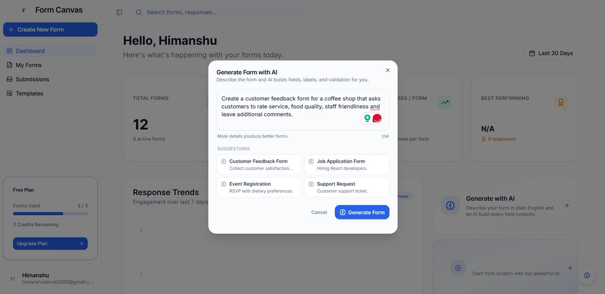 imarnav24's tweet photo. @pranvtwt Oh cool, I have also been working on the same idea in my form builder project , and I have also added a generate form by writing a prompt 
https://t.co/C6ZnWuGeCj https://t.co/9bfEtGTRzu