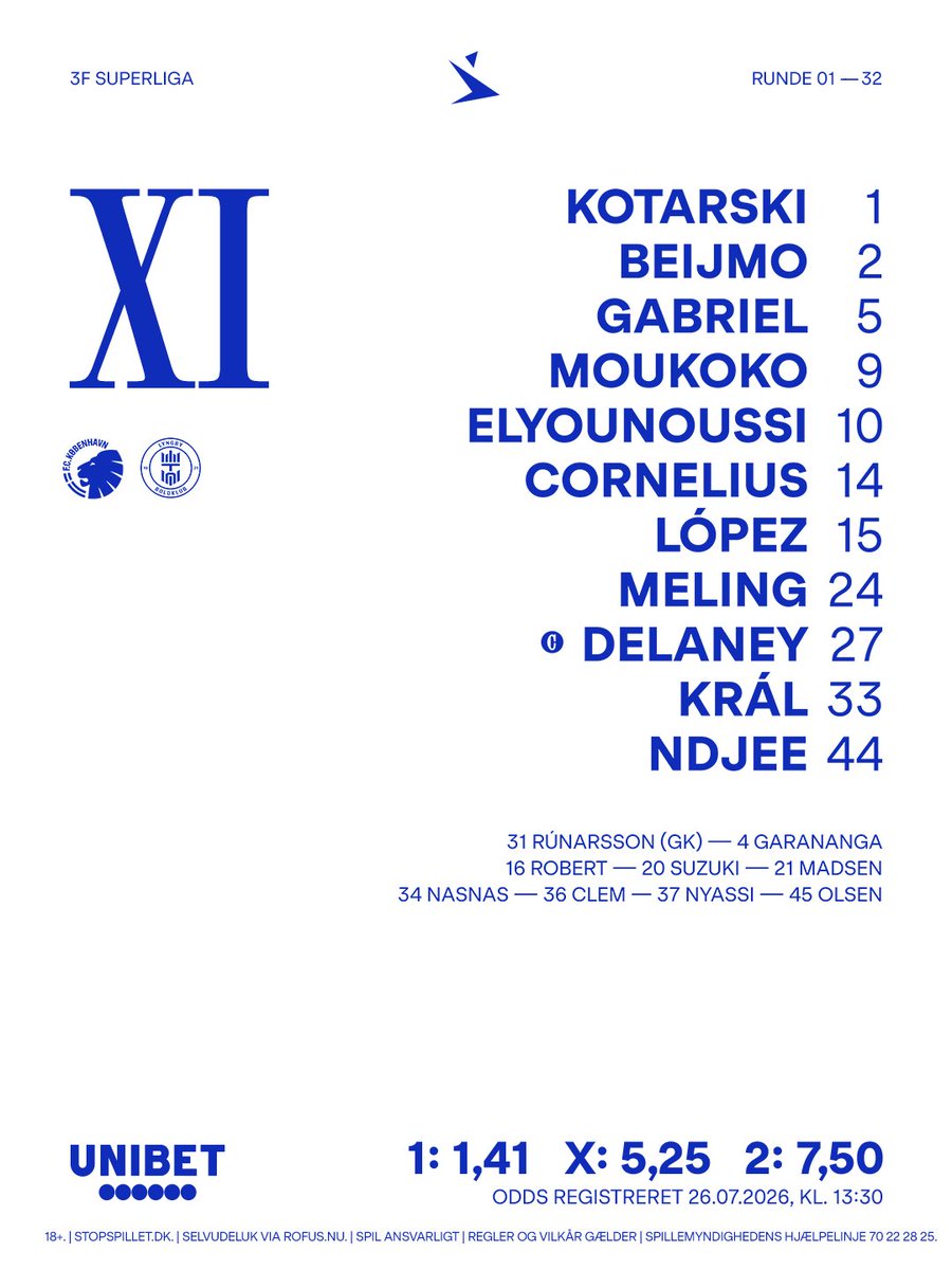 FCKobenhavn's tweet photo. Start-11 mod Lyngby Boldklub præsenteres i samarbejde med vores officielle bettingpartner @Unibet_Danmark 
#fcklive #startXI https://t.co/5HfvIUbPsI