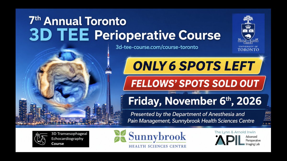 JMorenoGarijo's tweet photo. Only 6 spots remain for the 7th Annual Toronto Perioperative 3D TEE Course! 🫀

The dedicated fellows’ spots are now sold out.

📅 Nov 6, 2026
📍 Sunnybrook, Toronto
Hands-on Philips EPIQ & GE Vivid training.
Register: https://t.co/o4U2SAUu7t
@Sunnybrook
@APIL_TGH
@UofTanesthesia
@scahq
@CAS_CVT
@ASE360
@yannisdr
@ElmariNeethling
@pperezde
#echofirst #Toronto3DTEECourse
#3DTEE #Echo #CardiacAnesthesia