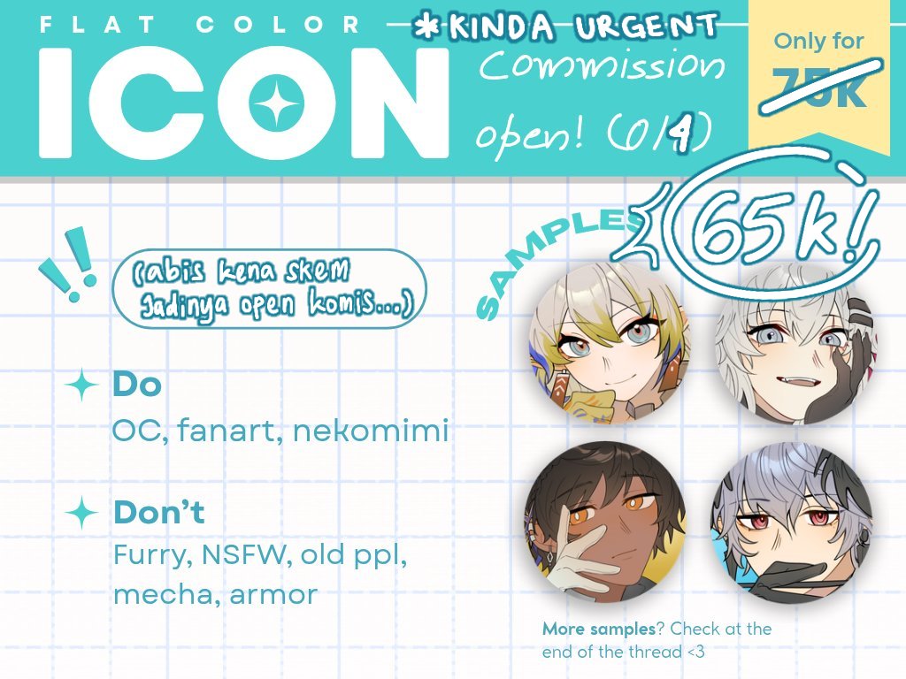 callme_maruu's tweet photo. 🎐 #COMMISSION OPEN 🎐

(🩵 &amp; 🔁 are really appreciated!)

Komis flat color icon kini hadir lagi dengan POTONGAN HARGA 10k 🗣️‼️untuk slot-nya 4~

(**kinda urgent karena mau nutupin duit yang abis aku kena skem beberapa minggu lalu...)

Untuk detail sama sj seperti yg di qrt ya!— https://t.co/poI6hpv8aw