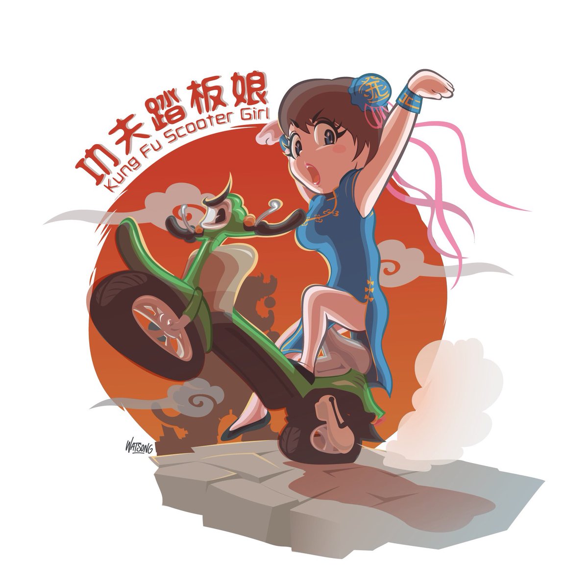 watsong2's tweet photo. 功夫踏板娘　Kungfu scooter girl
カンフーとスクーターを混ぜてみた。
レトロなスクーターとレトロな香港映画の空気感を意識してみました。楽しんで頂けると嬉しいです。
#illustrator #scooter https://t.co/KZJYOKm666