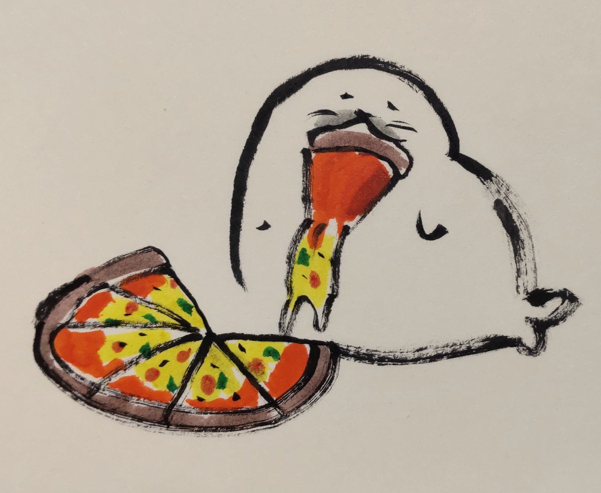 jissunboshi96's tweet photo. ピザを食べる時、チーズが全部こぼれてしまうアザラシを描きました。 https://t.co/1RE9WA7kdZ