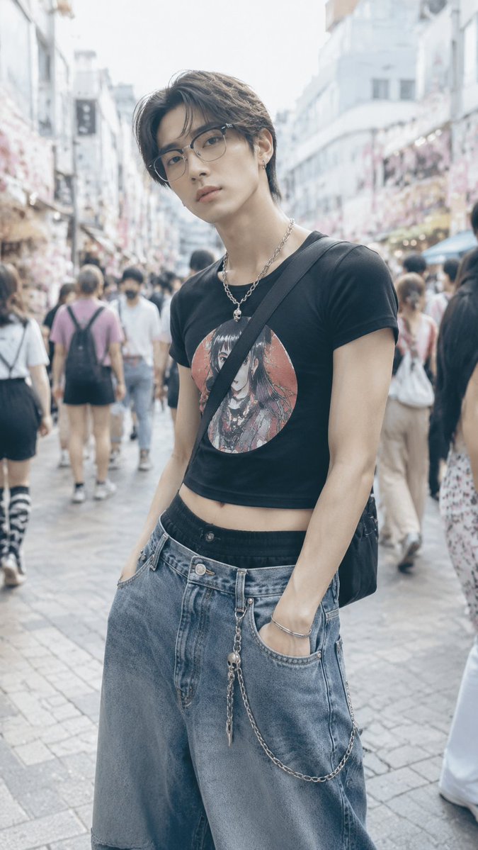 ipanda2046's tweet photo. gpt 2.0 Prompt:

The image depicts a stunning, seductive 20-year-old East Asian woman (Japanese/Korean heritage). Tall, slim fashion model physique with elongated graceful legs, lithe graceful body silhouette, balanced lightweight frame, refined athletic feminine body lines, professional editorial fashion proportions. Elegant feminine facial features: high cheekbones, soft sharp jawline, slender fox eyes with upturned outer corners, neat straight refined nose, full sensual lips with distinct cupid’s bow, mature captivating facial harmony. Long soft wavy deep coffee brown hair with center parting, natural flowing texture, natural root color gradient, warm soft light reflection, hyperrealistic human hair with clear individual strands, natural subtle highlights and lowlights, natural hair luster, no fake plastic wig texture.
Scene setting: The fringe of Shibuya Station front plaza adjacent to Hachiko Square, spacious pedestrian pavement, realistic dense pedestrian flow, layered commercial building facades of station front, classic urban rendezvous atmosphere, crowds moving across the frame, retain recognizable Shibuya public square atmosphere without focusing solely on the Hachiko statue. Soft side lighting sculpts gentle facial contours, natural three-dimensional light modeling, light airy portrait texture. Scene weight priority: (Edge of Shibuya Station front plaza near Hachiko Square, wide pedestrian pavement:1.35). Keep the complete recognizable environment behind the character, retain distinct spatial hierarchy and background details, avoid blank monotonous backgrounds.
Character full Y2K streetwear styling: Clean cropped top + oversized denim matching set. White scoop neck cropped stretch tank top, wide shoulder straps, minimalist plain front, short hem exposing midriff. Low-rise light wash oversized wide leg jeans, loose slouchy fit, full-length trouser legs, faded blue denim fabric, loose hip cut, folded white waistband exposed above jeans, silver cross pendant chain clipped at front trouser pocket. Cream leather shoulder bag with thick chunky chain strap. Transparent pale lavender rectangular eyeglasses; multi-layer silver necklaces mixed with assorted pendants and tiny green charms, delicate drop earrings, stacked metal bracelets, multiple finger rings, long neatly manicured nails, subtle tiny navel piercing. White smooth leather pointed toe low-heel ankle boots peeking out under jeans, unified polished Y2K denim aesthetic.
Shot parameters: Cowboy shot / American shot, framing cuts off below knees, dynamic natural standing pose, eye-level camera height, neutral objective viewing angle, three-quarter front profile, character slightly turning toward lens, layered three-dimensional character composition. Shot on 35mm lens, shallow depth of field, softly blurred background to separate subject, aspect ratio 9:16.
Art style reference: Rinko Kawauchi, airy high-key photographic language. Light high-key street photography, soft slightly overexposed pale daylight glow, cool pastel color palette, delicate daily realism, Ricoh GR compact street photography texture, snap-focus candid feeling, moderate urban contrast, documentary candid daily vibe, hyperrealistic fabric texture details, clear recognizable facial features, authentic spatial depth, no visible text overlay, multi-cut continuous shot sequence

The image depicts a handsome, attractive 20-year-old East Asian young man (Japanese/Korean heritage). Tall lean male fashion model physique, long straight slender legs, sharp streamlined masculine silhouette, balanced lightweight athletic frame, clean angular body lines, professional male editorial fashion proportions. Sharp masculine facial features: defined high cheekbones, firm angular jawline, narrow sharp fox eyes with slight upturned outer corners, neat straight refined nose, thin defined lips with clean lip lines, cool mature captivating facial harmony. Short textured layered deep coffee brown hair with natural messy center part, natural matte hair texture, subtle root color gradient, soft warm side light reflection, hyperrealistic human hair with clear individual strands, faint natural highlights, no stiff fake wig texture.
Scene setting: Harajuku Takeshita Street pedestrian main road, spacious colorful pavement, bustling realistic teen pedestrian flow, layered trendy street fashion store facades, youthful vibrant urban street atmosphere, crowds wandering across the frame, retain recognizable Harajuku Takeshita Street landmark atmosphere without focusing solely on signboards. Soft diffused side lighting sculpts sharp facial contours, natural three-dimensional light modeling, crisp airy portrait texture. Scene weight priority: (Harajuku Takeshita Street main pedestrian road, colorful wide pavement:1.35). Keep the complete recognizable trendy street environment behind the character, retain distinct spatial hierarchy and background store details, avoid blank monotonous backgrounds.
Character full Y2K men’s streetwear styling: Oversized graphic cropped tee + baggy skate denim matching set. Black printed scoop neck cropped stretch tee, wide shoulder straps, retro anime graphic front, short hem exposing subtle midriff. Low-rise medium wash oversized baggy skate jeans, loose slouchy wide leg fit, full-length trouser legs, faded dark blue denim fabric, roomy hip cut, folded black waistband exposed above jeans, silver skull pendant chain clipped at front trouser pocket. Matte black canvas crossbody bag with thick nylon strap. Transparent black rectangular eyeglasses; single thick silver chain necklace with tiny skull charm, minimalist small hoop earrings, single thick metal wrist bracelet, multiple minimalist finger rings, short trimmed clean nails, subtle tiny cartilage ear piercing. Black matte leather chunky low-top skate sneakers peeking out under jeans, unified cool polished Y2K men’s skate aesthetic.
Shot parameters: Cowboy shot / American shot, framing cuts off below knees, dynamic casual leaning standing pose, eye-level camera height, neutral objective viewing angle, three-quarter front profile, young man slightly turning toward lens, layered three-dimensional character composition. Shot on 35mm lens, shallow depth of field, softly blurred background to separate subject, aspect ratio 9:16.
Art style reference: Rinko Kawauchi, airy high-key photographic language. Light high-key street photography, soft slightly overexposed pale daylight glow, cool muted neutral color palette, delicate daily realism, Ricoh GR compact street photography texture, snap-focus candid feeling, moderate urban contrast, documentary candid daily vibe, hyperrealistic fabric texture details, clear recognizable facial features, authentic spatial depth, no visible text overlay, multi-cut continuous shot sequence n
