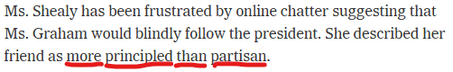 TaraServatius's tweet photo. Darline Graham's liberal close friend, former Sen. Katrina Shealy, admits to the NY Times that Darline is not really a Republican.
That's exactly what "more principled than partisan" means. How can you not be "partisan," but running as a Republican for the Senate?
Shealy also says Graham won't follow President Trump. Who will she follow then? Democrat minority leader Chuck Schumer? Because that is the only other option.
Wake up, South Carolina.
