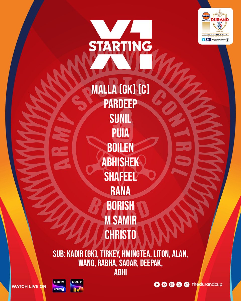 thedurandcup's tweet photo. ππππ«ππ’π§π ππ
Indian Army FT ποΈ Samaleswari Sporting
Watch Live on @SonySportsNetwk and @SonyLIV
#IAFTSAM #135thEditionofIndianOilDurandCup #PoweredbySBIandCIL #DeshKaCup #ManyChampionsOneLegacy https://t.co/2C2plWj1gr