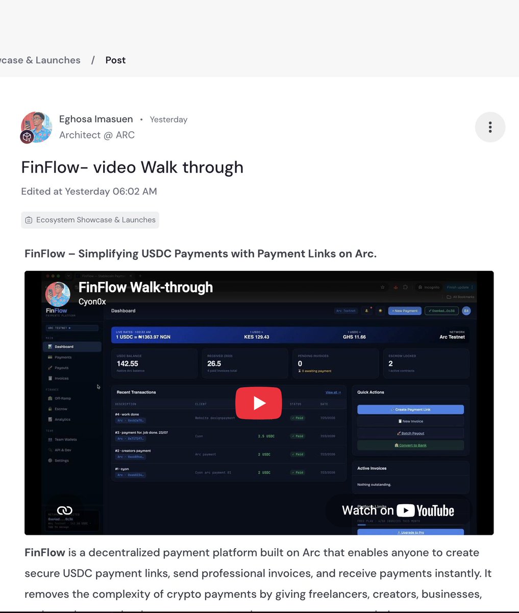 Cyon0x's tweet photo. Excited to share the official FinFlow walkthrough on Arc House! 🚀

Watch how FinFlow enables seamless USDC payments through payment links, Escrow, Batch payout, Offramp and invoicing, all powered by Arc and Circle.

🎥 Full walkthrough + project overview 👇
Check it out and let me know what you think! 👇
🔗   https://t.co/40cNWkFTBo

Thank you 🙏 ❤️ @arc @circle @samconnerone @bobbilee @silencexlm @jerallaire