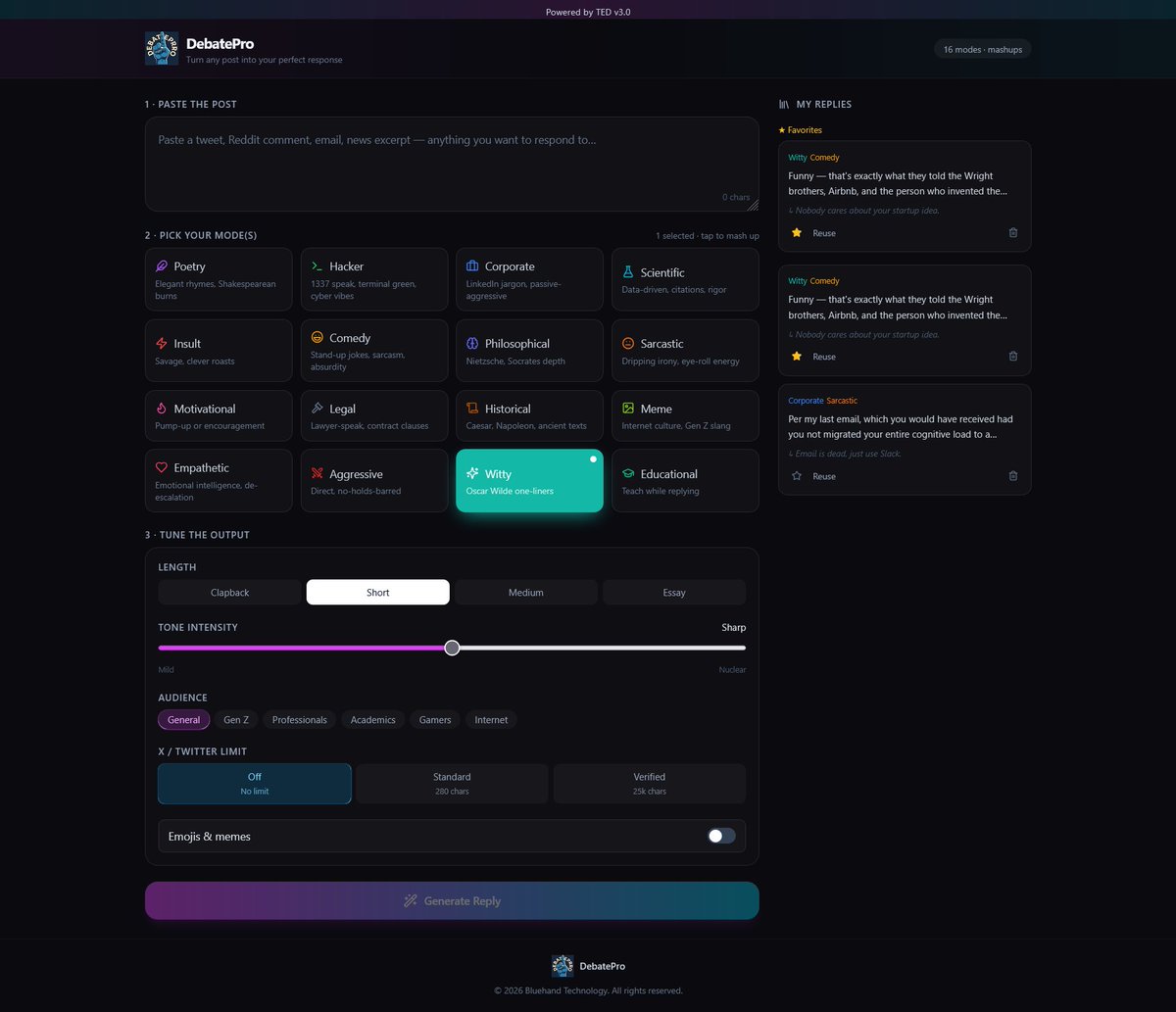 BluehandRising's tweet photo. After this release X will be changed forever : I present #DebatePro powered by TED v 3.0  this will give you the power to decimate any one on here in 16 different modes  and for verified accounts up to 25 K characters   and normal 280 Characters #Bluehand  member only program .. https://t.co/eOAeqMeEPh