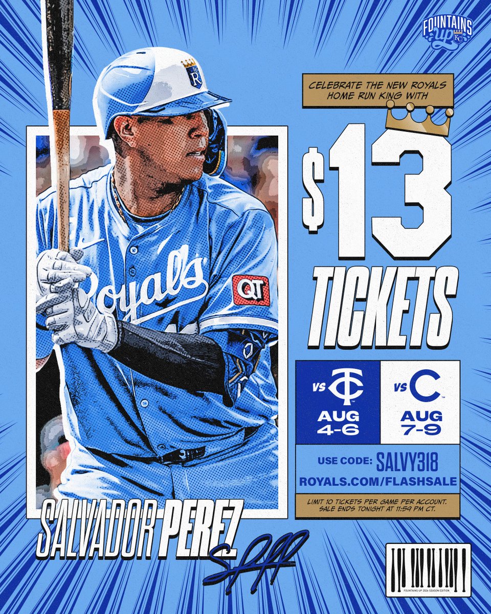 Royals's tweet photo. Salvy slugged; you save!

Today only, get $13 tickets for our upcoming homestand when you use code SALVY318!

https://t.co/jTEkE2Y6yw https://t.co/RoQR82tJY2