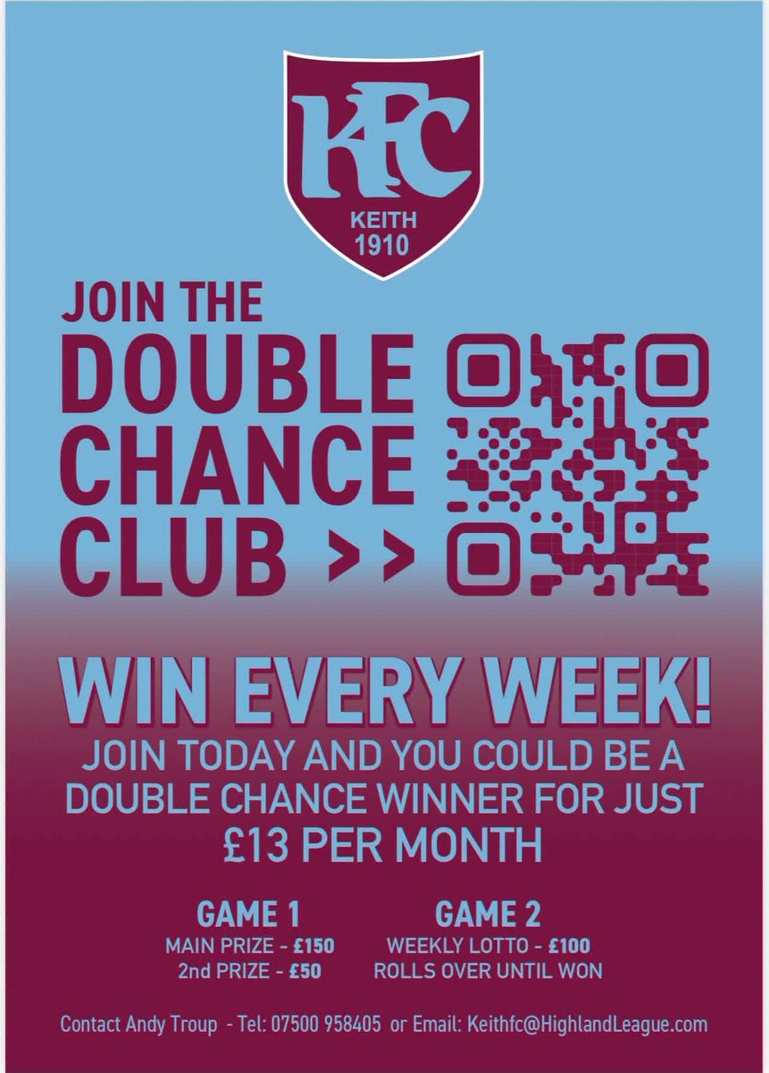 KeithFC's tweet photo. ⚽️ Joining the Keith FC Double Chance Lottery is now easier than ever! ⚽️ 

We’ve made signing up simpler with our brand-new online sign-up form and Direct Debit system. It only takes a few minutes to get started, and you’ll be supporting Keith FC. https://t.co/JXtwQweYd4