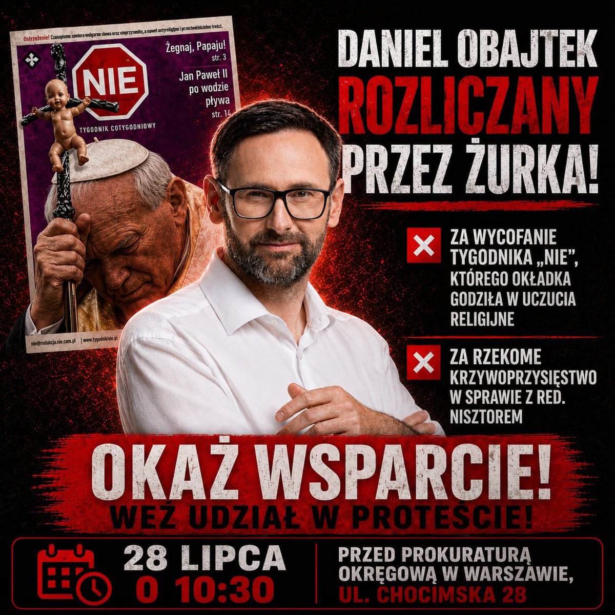OficjalnyJK's tweet photo. W jedności siła! Ataki na PiS - największą partię opozycyjną wobec rządu Tuska wpisują się wyłącznie w scenariusz pisany przez koalicję 13 grudnia! Dzisiaj najważniejsze jest odsunięcie szkodliwego rządu od władzy, a nie permanentne wszczynanie wojny na prawicy.

Apeluję! Już 28 lipca br. o godz. 10:30 (najbliższy wtorek) spotkajmy się wszyscy pod budynkiem Prokuratury Okręgowej w Warszawie, przy ul. Chocimskiej 28, w geście solidarności z Danielem Obajtkiem. Kolejny raz jest on szykanowany przez nielegalną prokuraturę Żurka. Tylko razem możemy zatrzymać szaleństwo rządu Tuska!