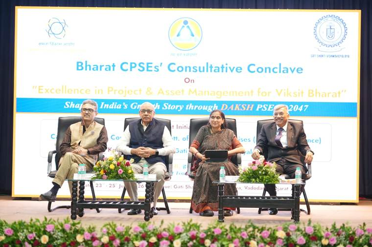 PIB_India's tweet photo. 3rd edition of Bharat CPSEs' Consultative Conclave 2026 on Project and Asset Management successfully concluded in Vadodara

The conclave brought together policymakers, industry leaders, academia as well as senior #CPSE executives to exchange best practices and chart the way forward in support of Viksit Bharat 2047 

CBC along with GSV to publish a Bharat CPSE Compendium of best practices based on the recommendations that have emerged in this event 

Read here: https://t.co/bWlJ7EBQO3 

@RailMinIndia