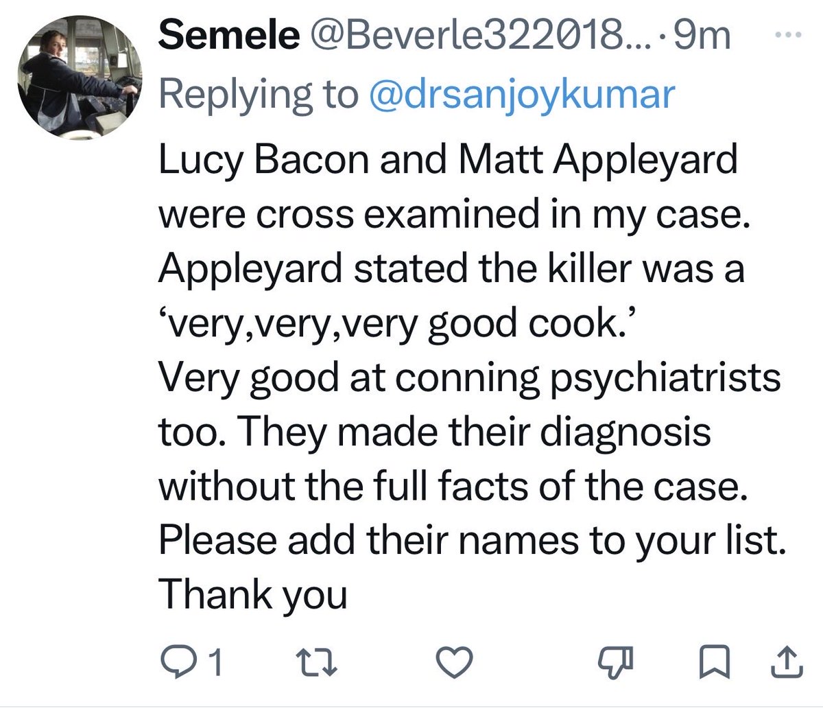 drsanjoykumar's tweet photo. Thank you. Let’s compile a list. 

Come on victims who have had their lives shattered and hearts broken because of clueless self-absorbed psychiatrists let’s make 

Dr Sanjoy Kumar’s list of psychiatrists we never want to see giving evidence in court again; or making any govt guidelines again; because they’ve shattered lives of victims and left them totally heartbroken:

Nigel Blackwood
Matt Appleyard
Lucy Bacon