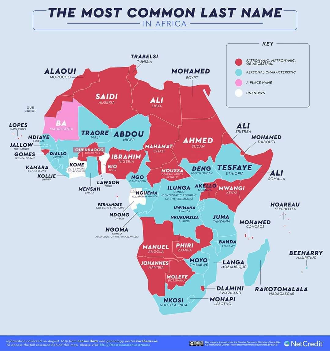 MapsAfrican's tweet photo. The most common last name in every African country. https://t.co/DldOKSYG9H
